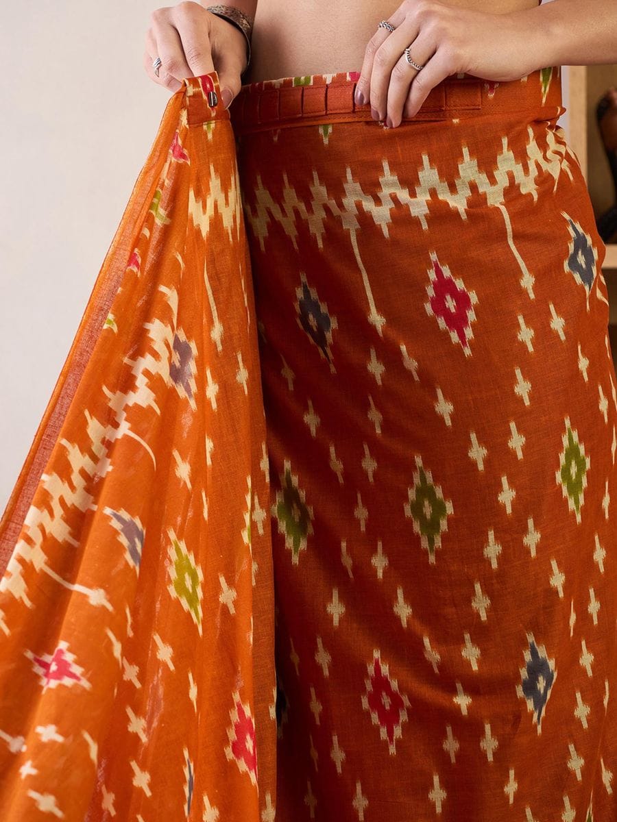 Orange Colour Mul Cotton Ready To Wear Saree With Pocket
