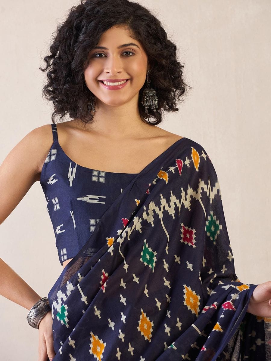 Blue Colour Mul Cotton Ready To Wear Saree With Pocket