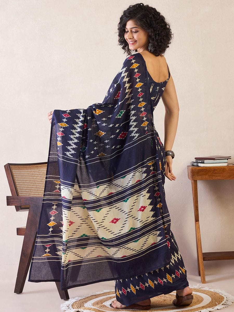 Blue Colour Mul Cotton Ready To Wear Saree With Pocket