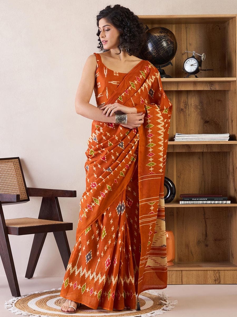 Orange Colour Mul Cotton Ready To Wear Saree With Pocket