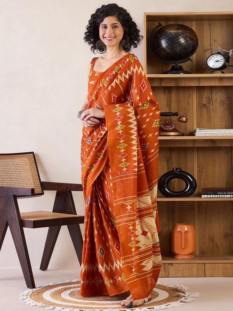 Orange Colour Mul Cotton Ready To Wear Saree With Pocket