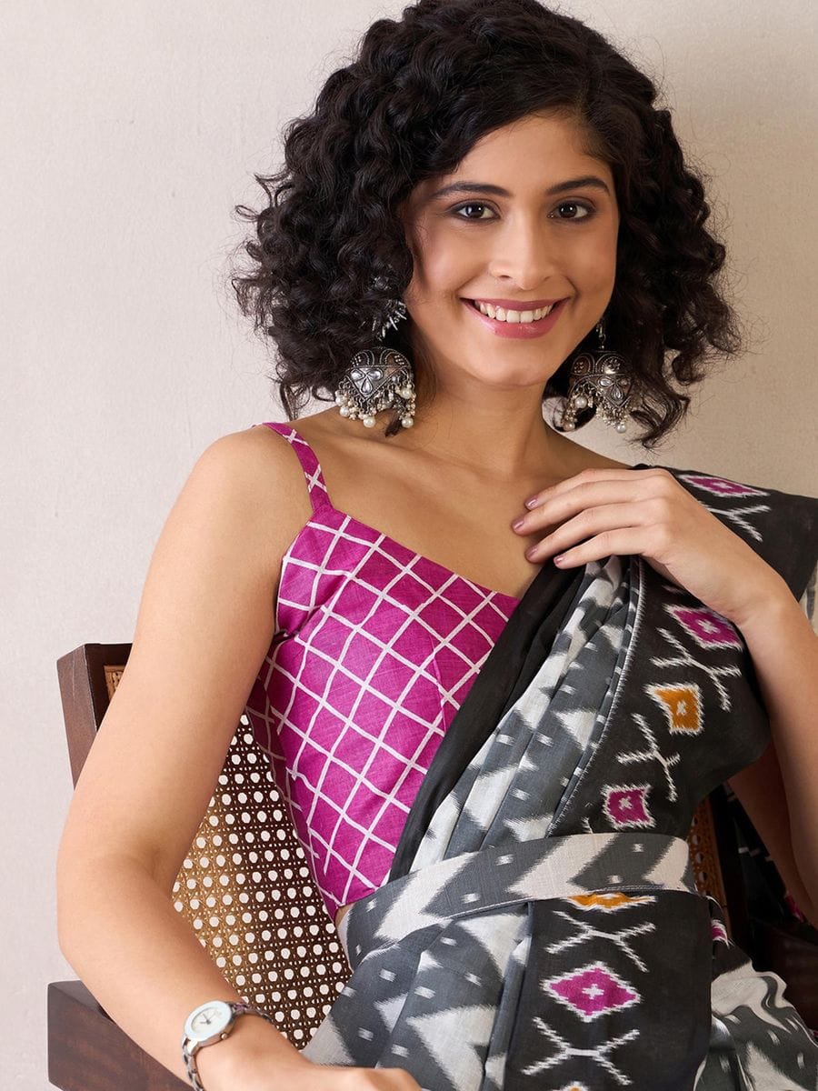 Black Colour Mul Cotton Ready To Wear Saree With Pocket