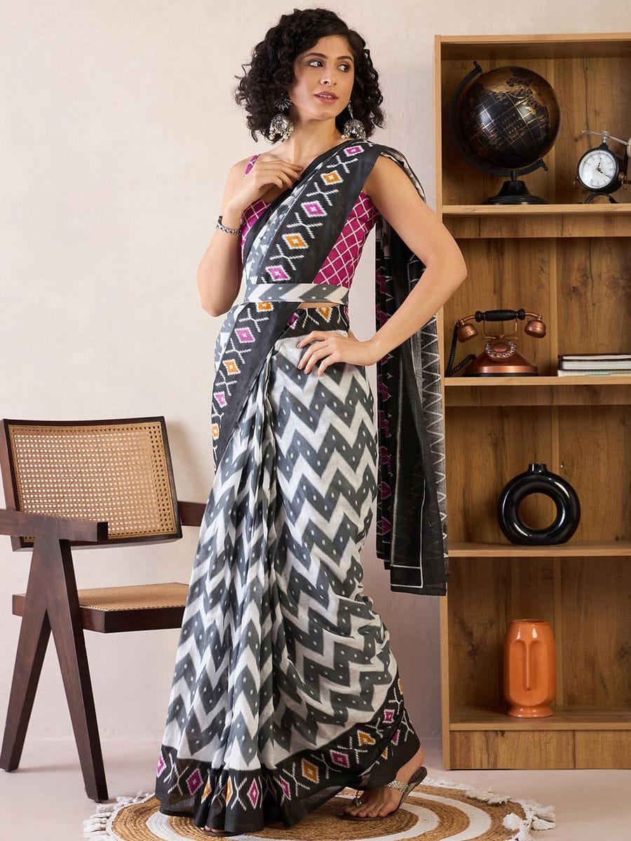 Black Colour Mul Cotton Ready To Wear Saree With Pocket
