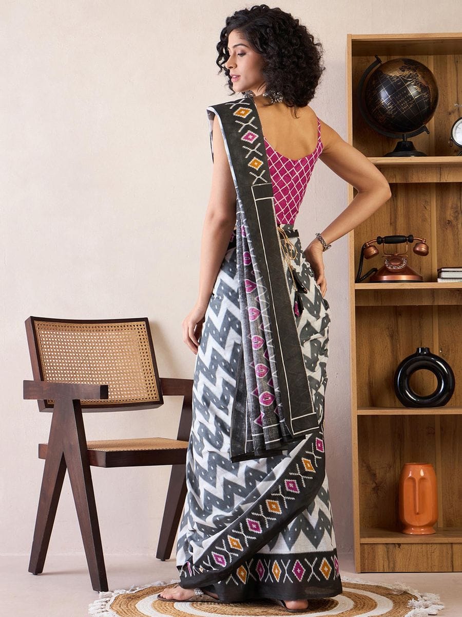 Black Colour Mul Cotton Ready To Wear Saree With Pocket