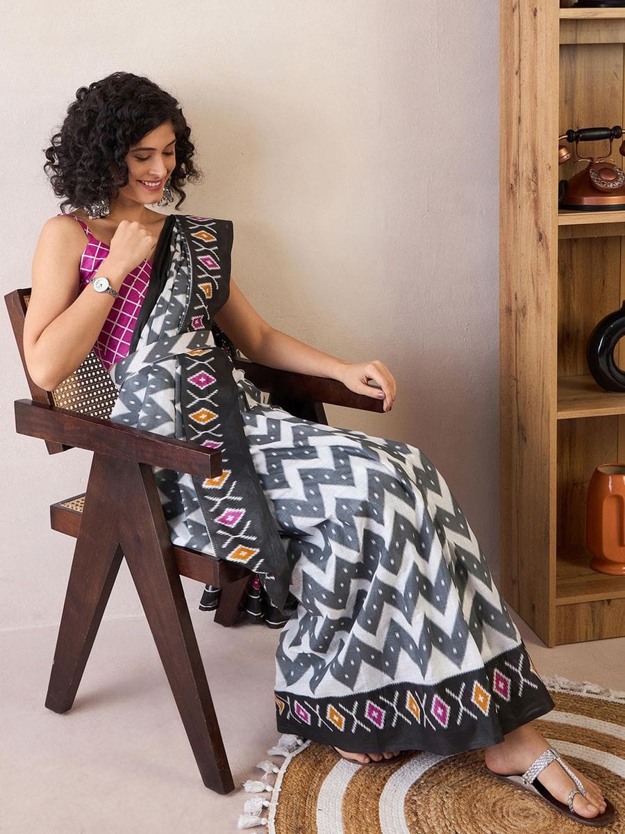 Black Colour Mul Cotton Ready To Wear Saree With Pocket