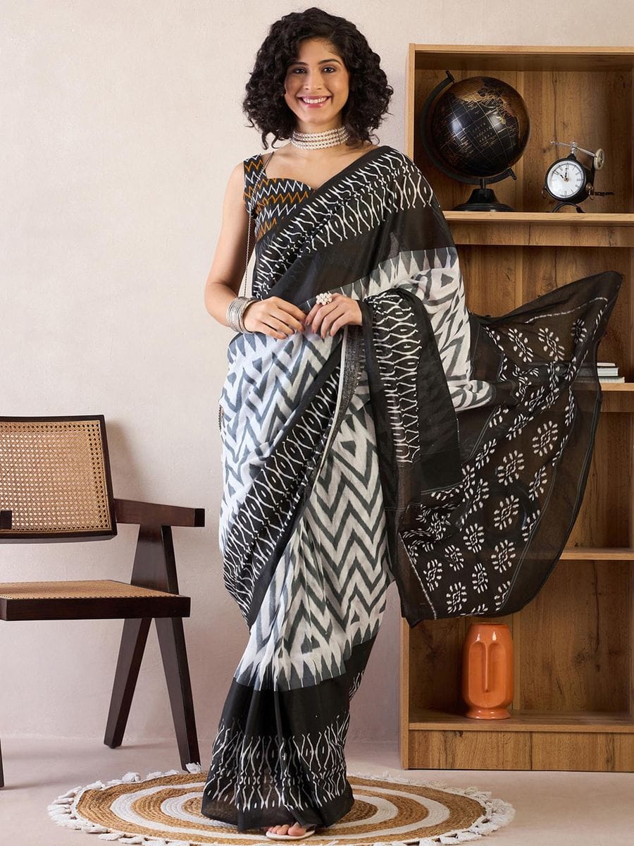 Black Colour Mul Cotton Ready To Wear Saree With Pocket