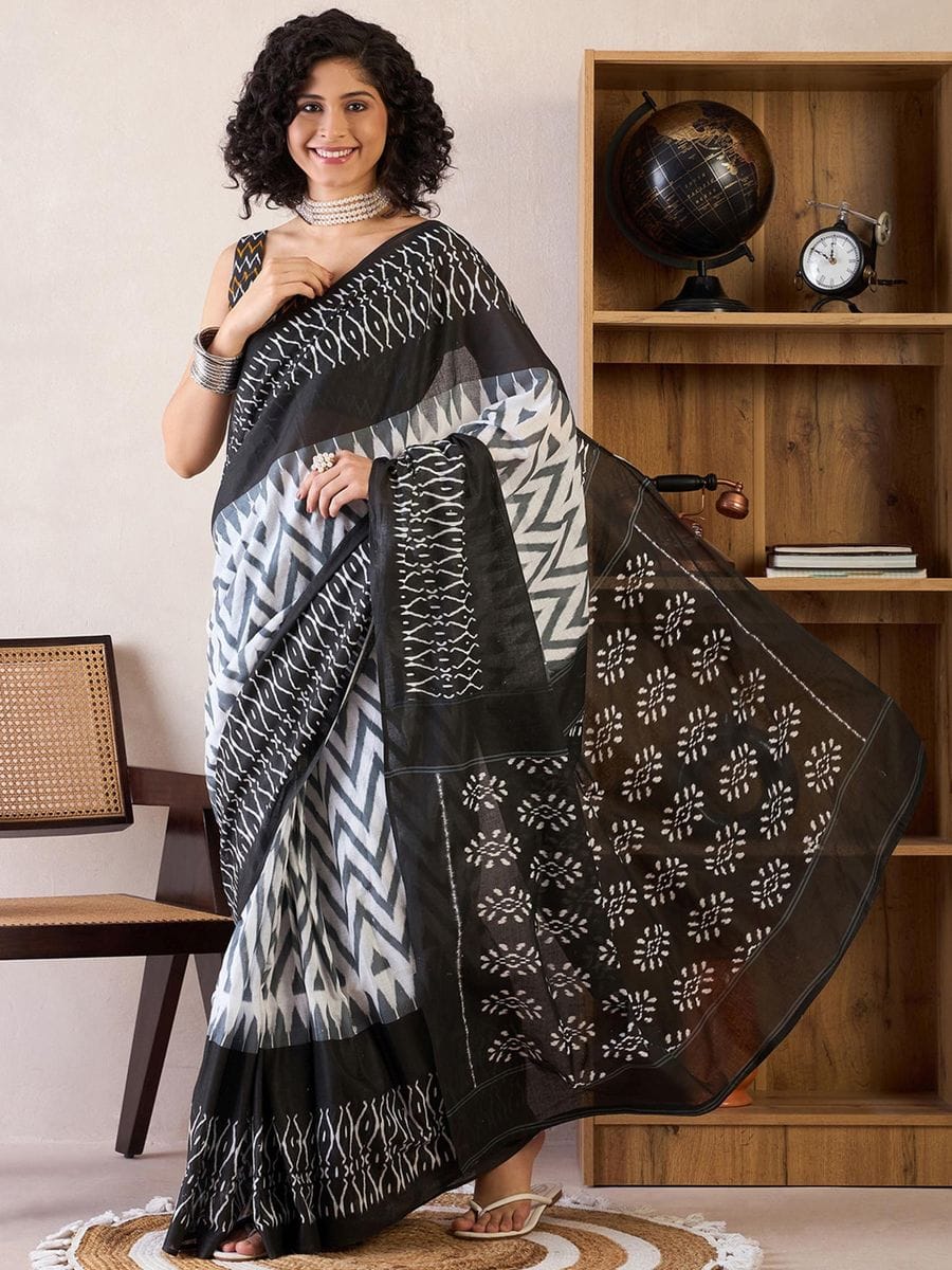 Black Colour Mul Cotton Ready To Wear Saree With Pocket