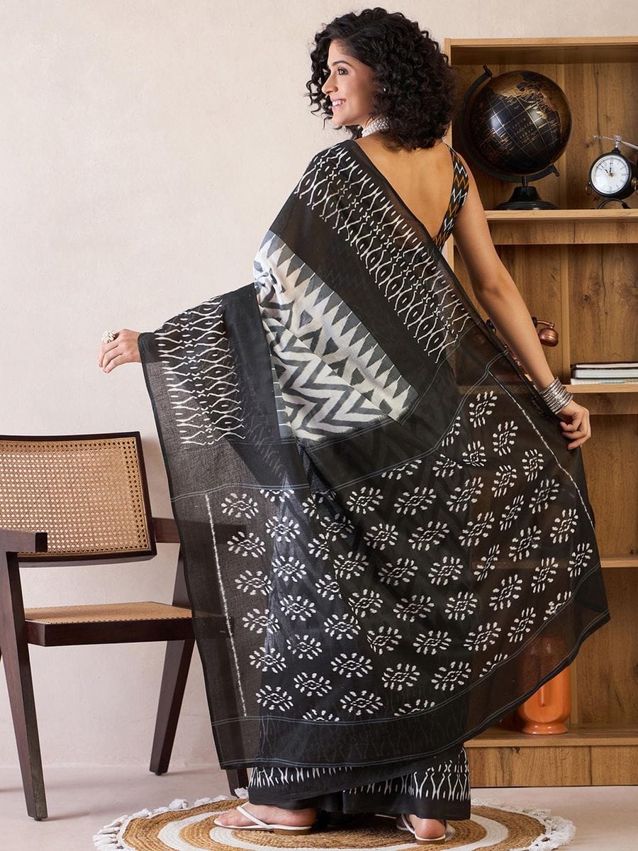 Black Colour Mul Cotton Ready To Wear Saree With Pocket