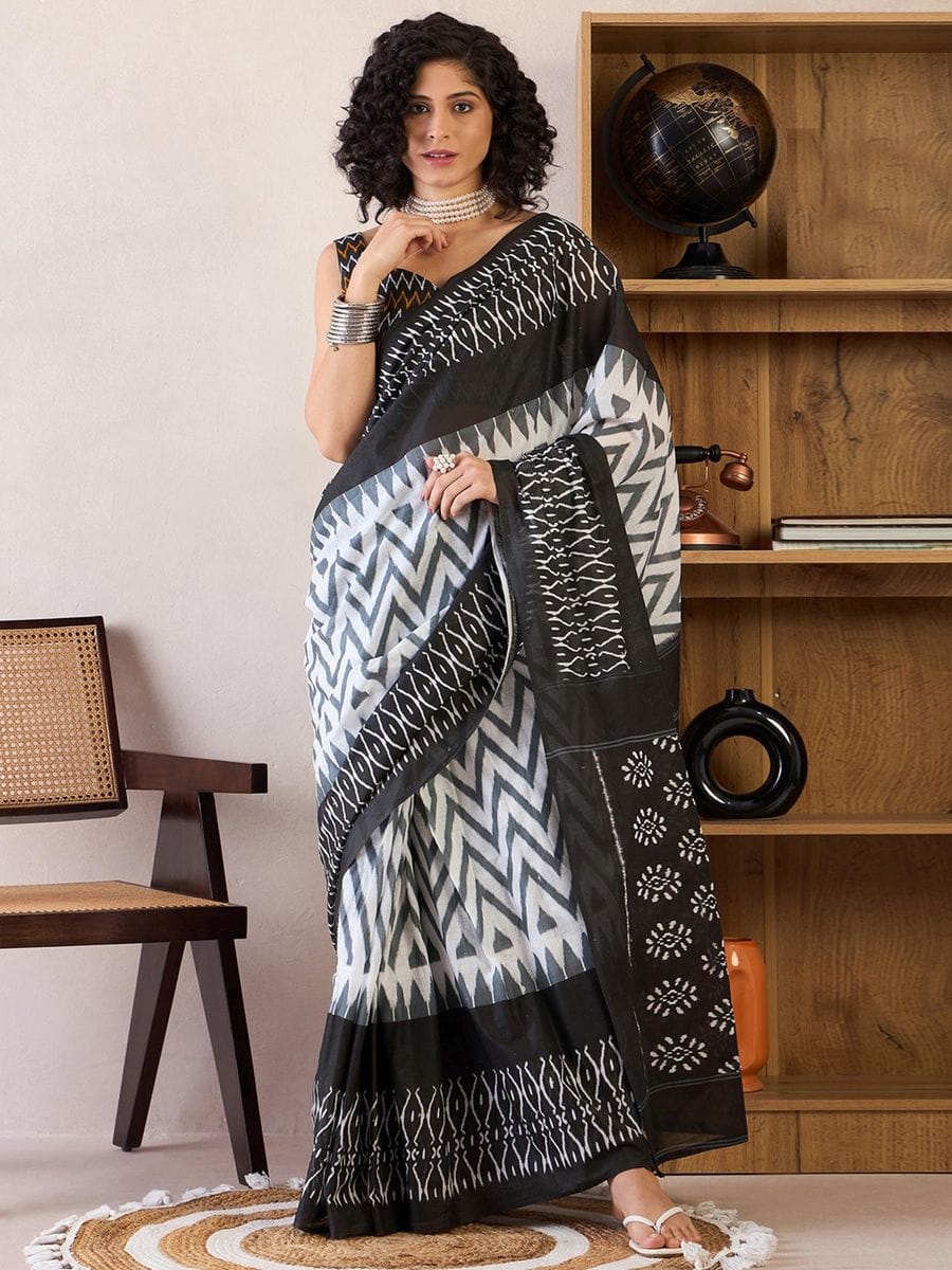 Black Colour Mul Cotton Ready To Wear Saree With Pocket