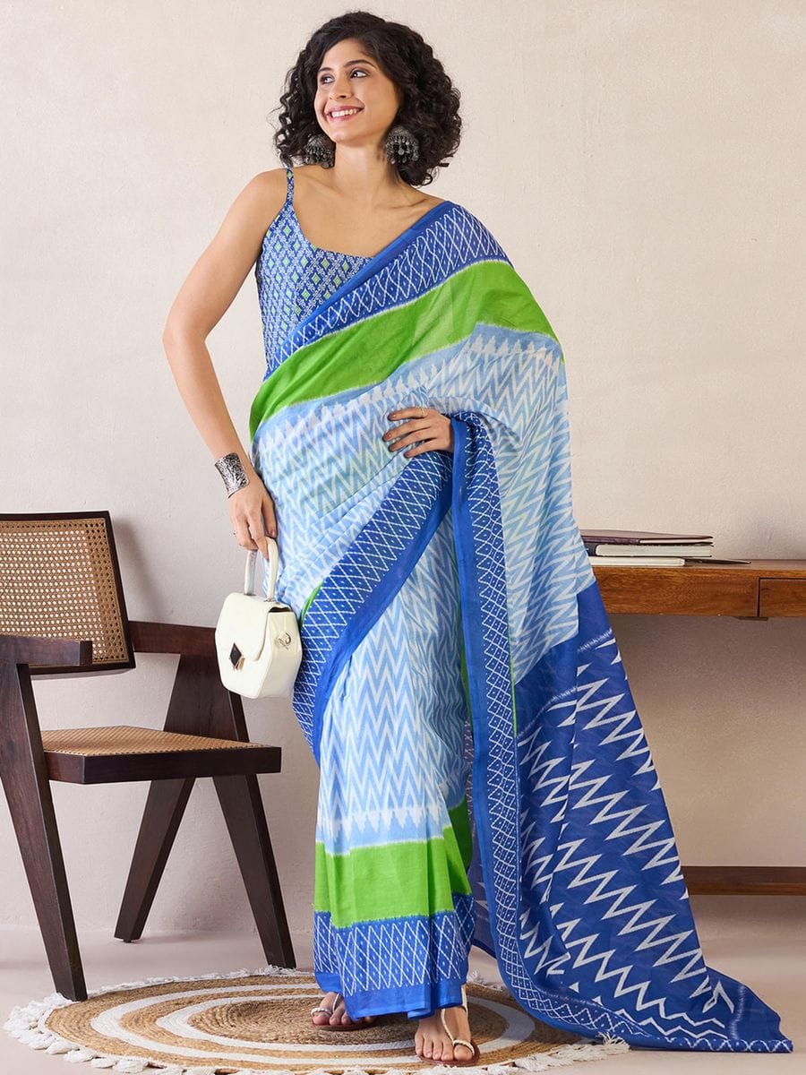 Sky Colour Mul Cotton Ready To Wear Saree With Pocket
