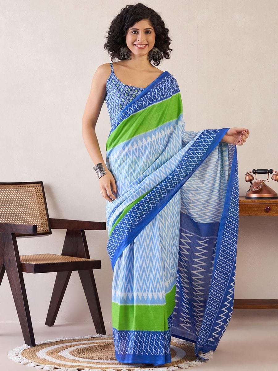 Sky Colour Mul Cotton Ready To Wear Saree With Pocket