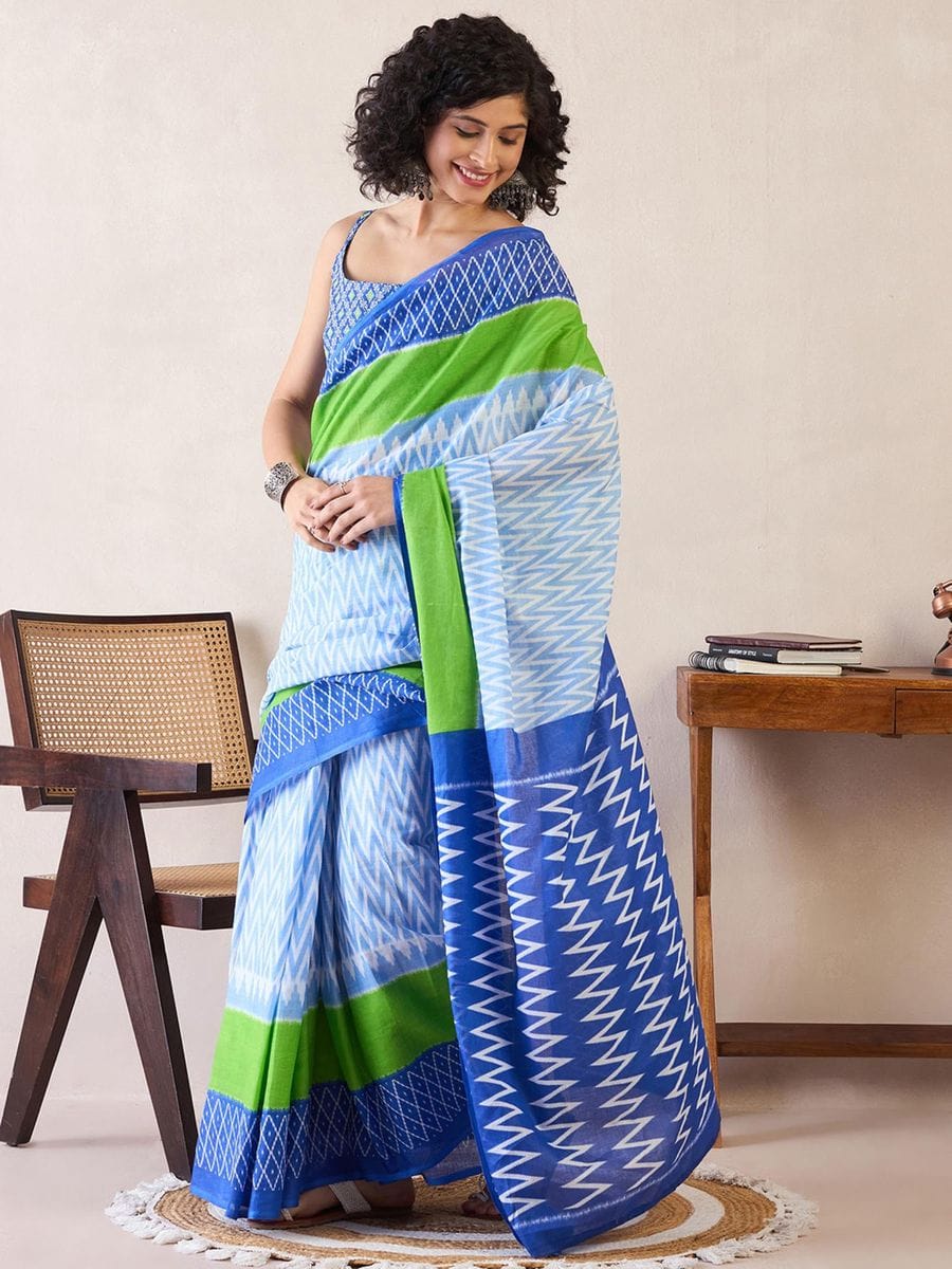 Sky Colour Mul Cotton Ready To Wear Saree With Pocket
