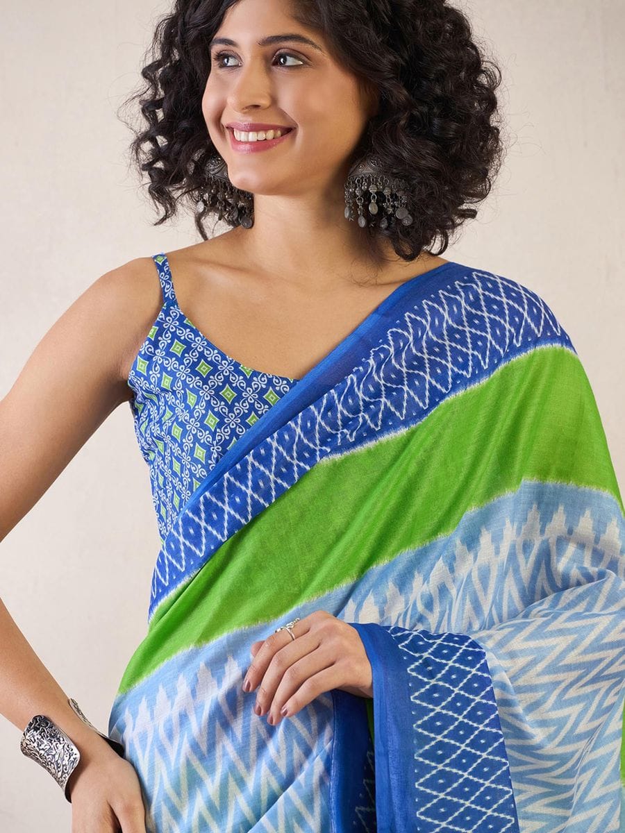 Sky Colour Mul Cotton Ready To Wear Saree With Pocket