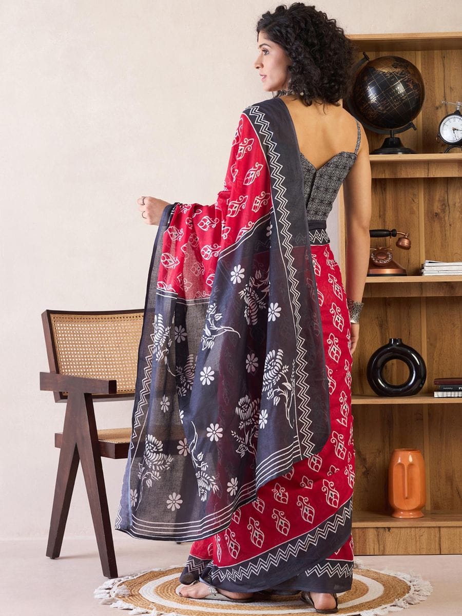 Blue Colour Mul Cotton Ready To Wear Saree With Pocket