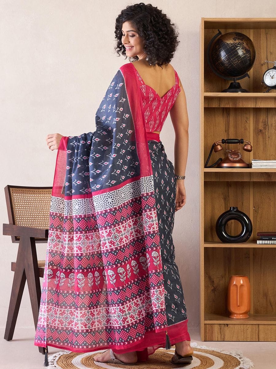 Blue Colour Mul Cotton Ready To Wear Saree With Pocket