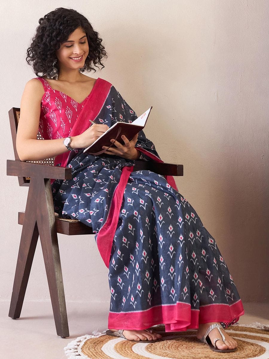 Blue Colour Mul Cotton Ready To Wear Saree With Pocket