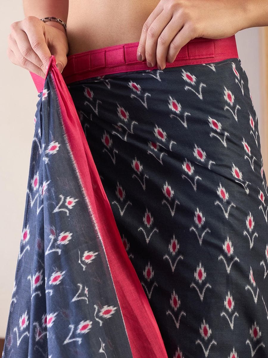 Blue Colour Mul Cotton Ready To Wear Saree With Pocket