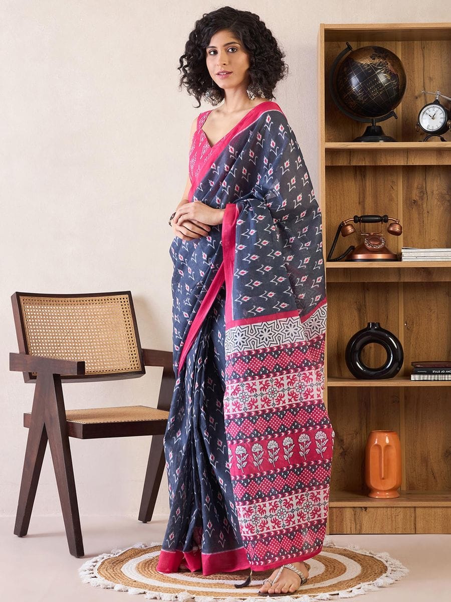 Blue Colour Mul Cotton Ready To Wear Saree With Pocket