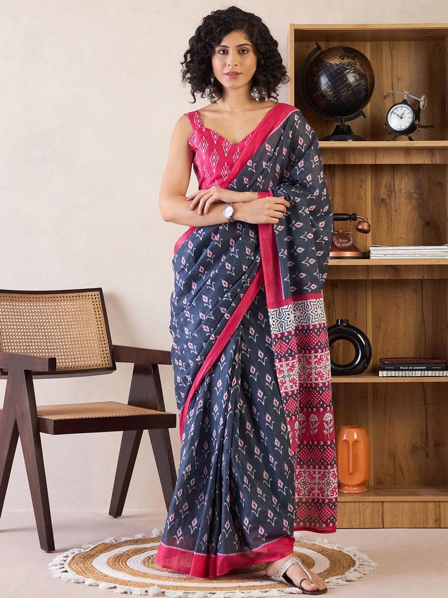 Blue Colour Mul Cotton Ready To Wear Saree With Pocket