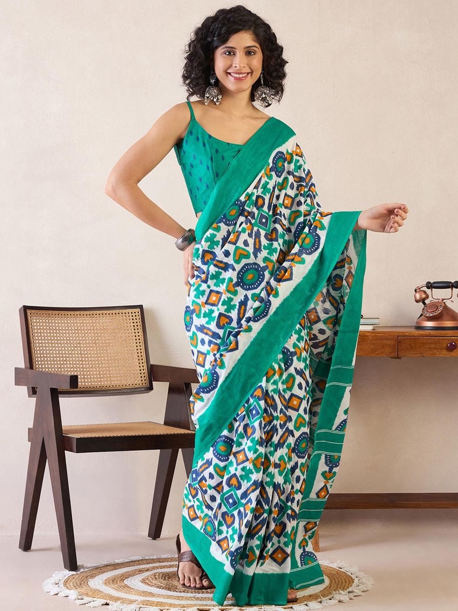 Light Green Colour Mul Cotton Ready To Wear Saree With Pocket