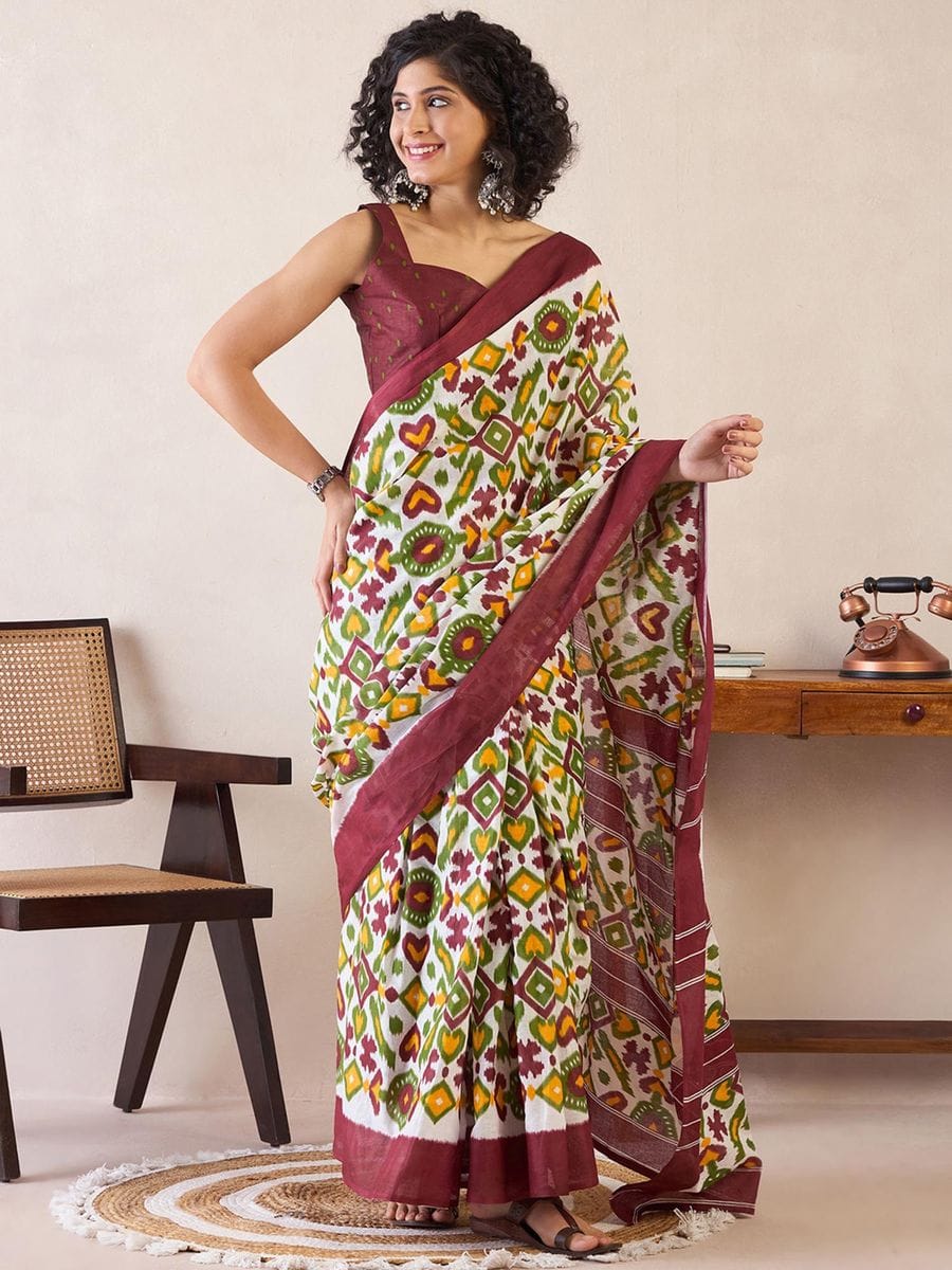Brown Colour Mul Cotton Ready To Wear Saree With Pocket