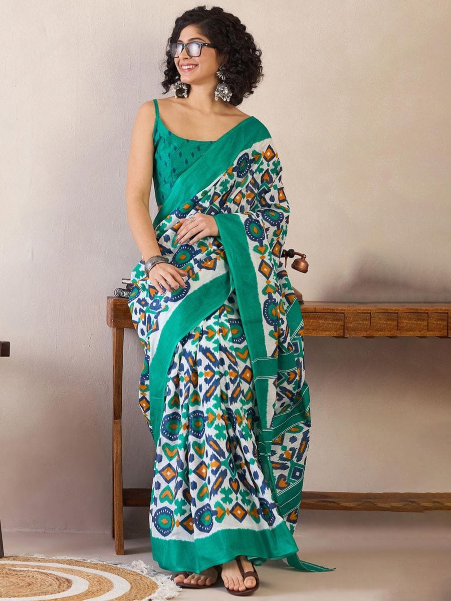 Light Green Colour Mul Cotton Ready To Wear Saree With Pocket