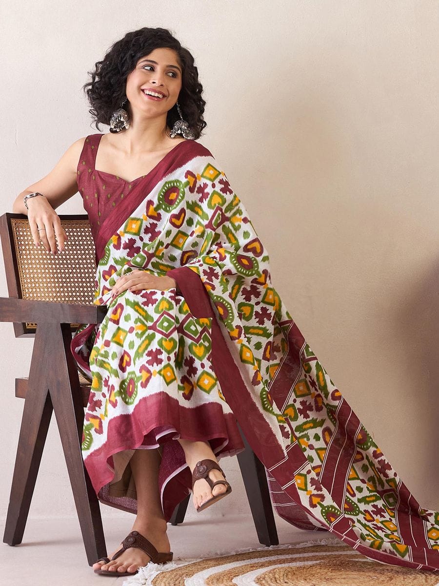 Brown Colour Mul Cotton Ready To Wear Saree With Pocket
