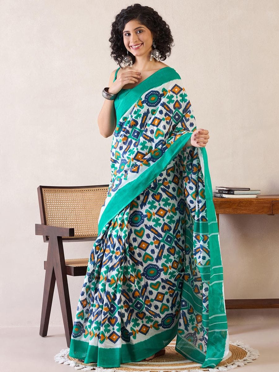 Light Green Colour Mul Cotton Ready To Wear Saree With Pocket