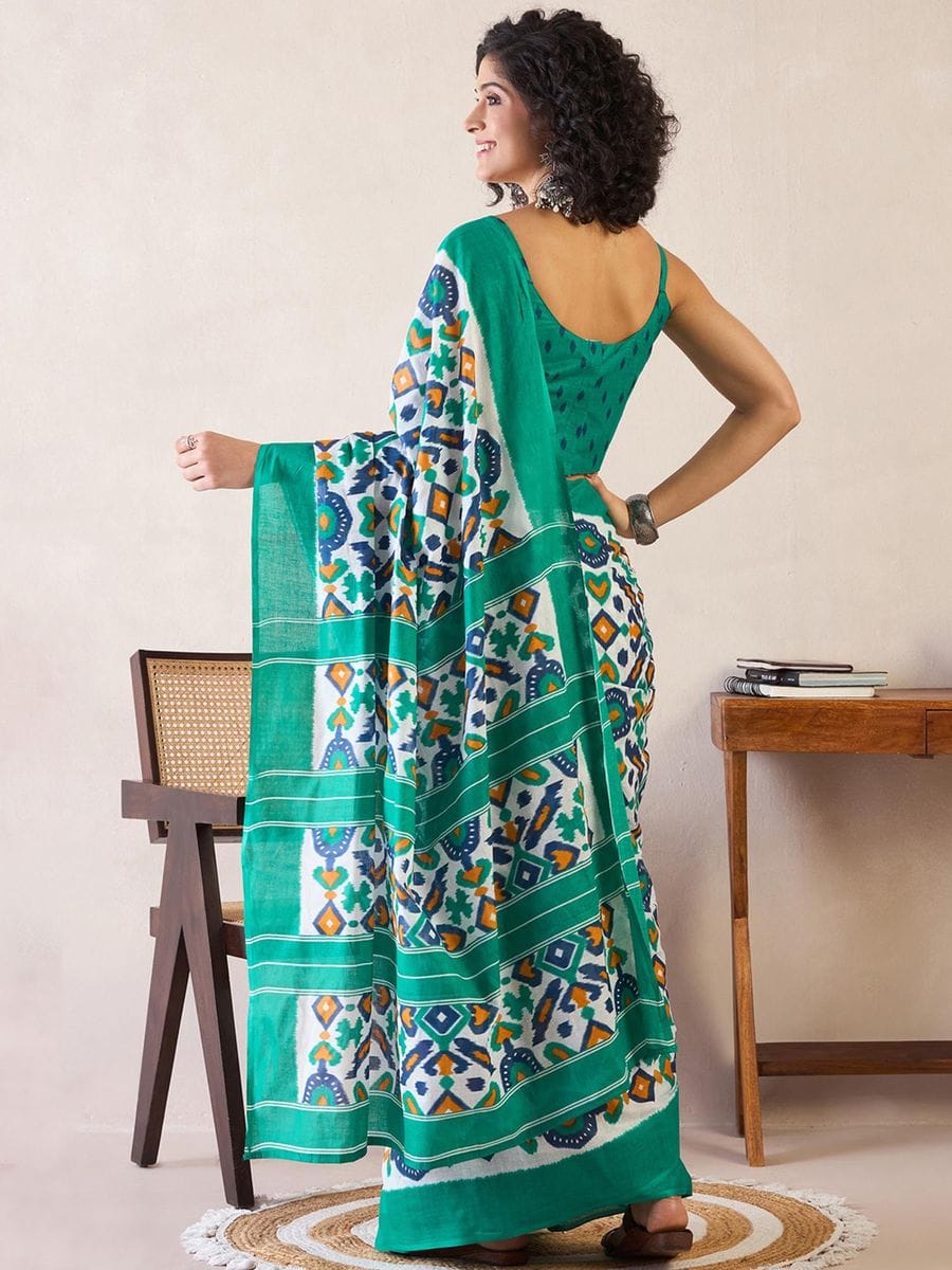 Light Green Colour Mul Cotton Ready To Wear Saree With Pocket