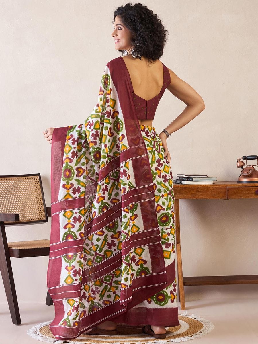 Brown Colour Mul Cotton Ready To Wear Saree With Pocket