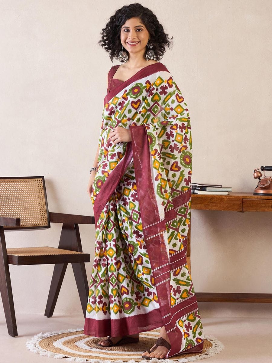 Brown Colour Mul Cotton Ready To Wear Saree With Pocket