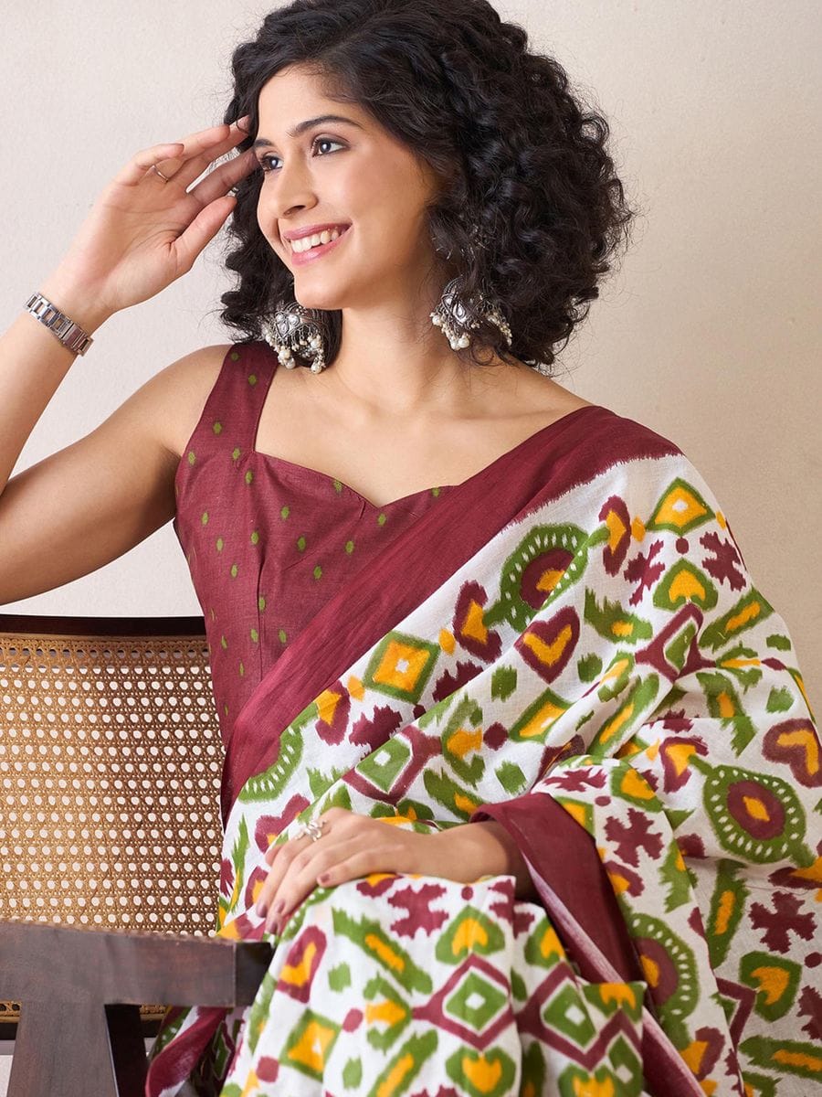 Brown Colour Mul Cotton Ready To Wear Saree With Pocket