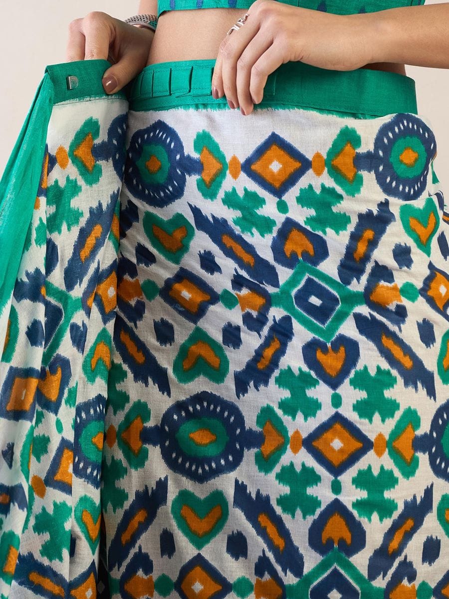 Light Green Colour Mul Cotton Ready To Wear Saree With Pocket