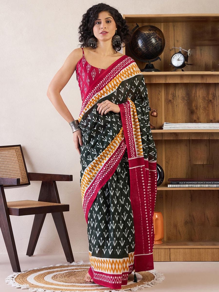 Black Colour Mul Cotton Ready To Wear Saree With Pocket
