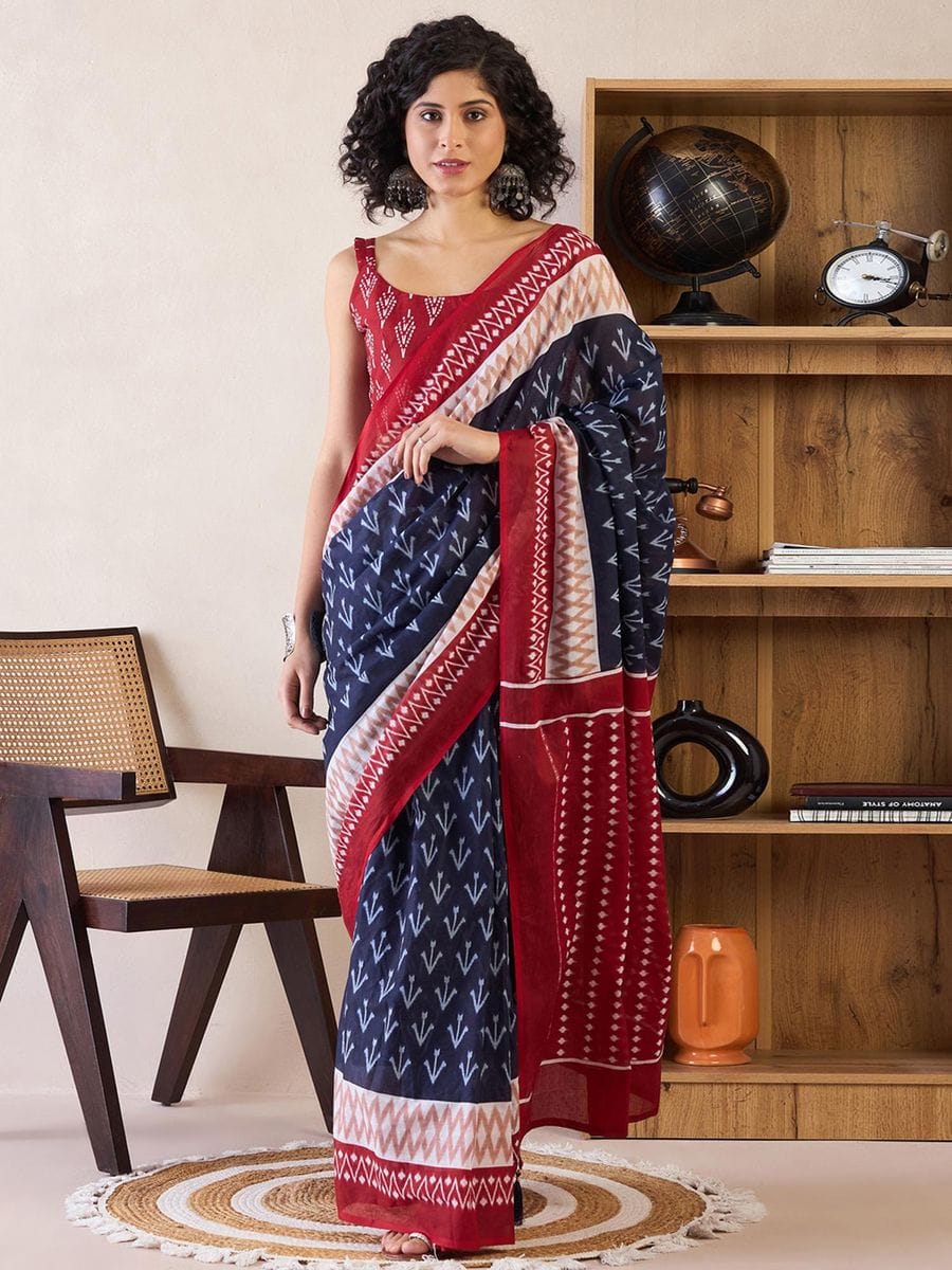 Blue Colour Mul Cotton Ready To Wear Saree With Pocket