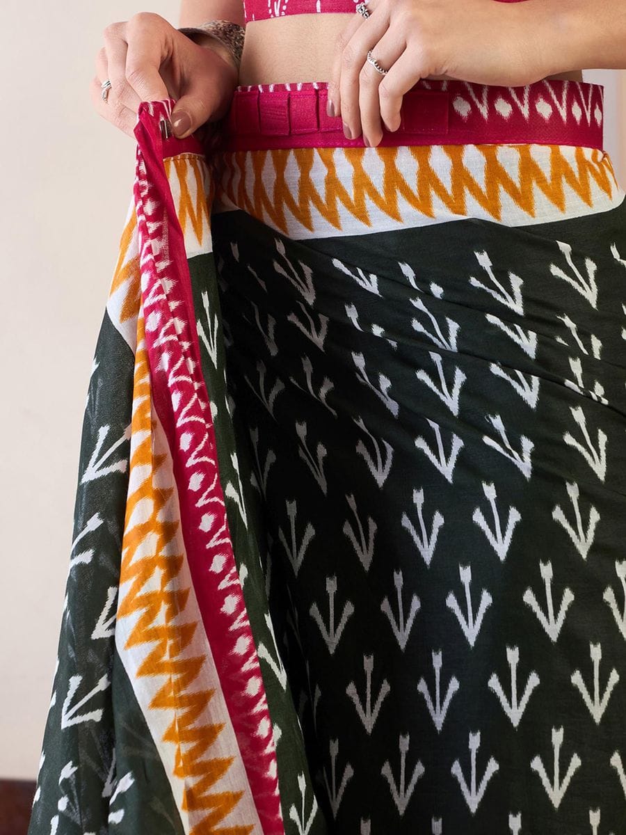 Black Colour Mul Cotton Ready To Wear Saree With Pocket