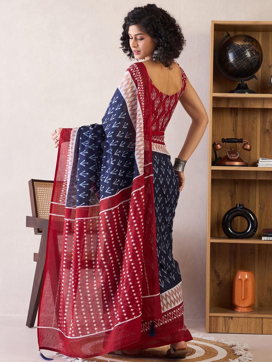 Blue Colour Mul Cotton Ready To Wear Saree With Pocket