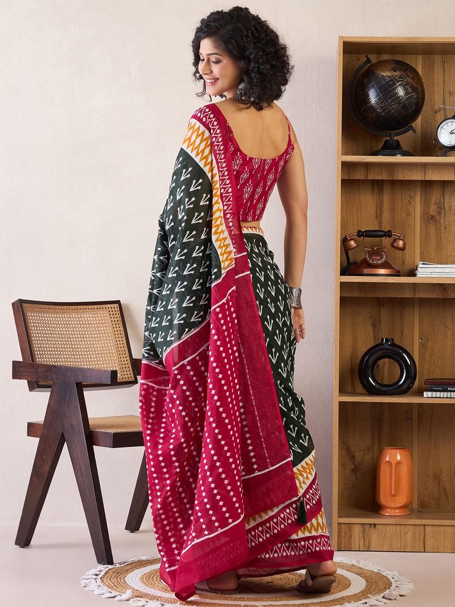 Black Colour Mul Cotton Ready To Wear Saree With Pocket