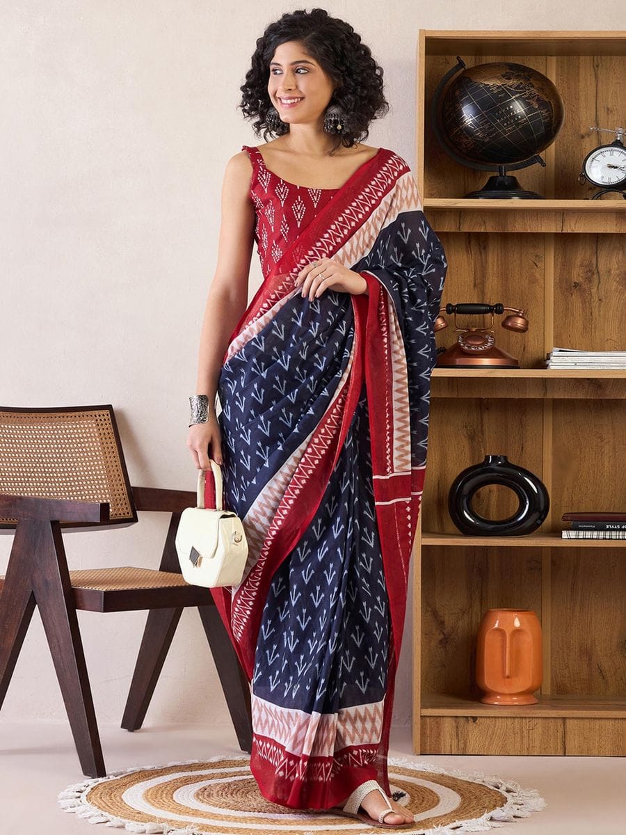 Blue Colour Mul Cotton Ready To Wear Saree With Pocket