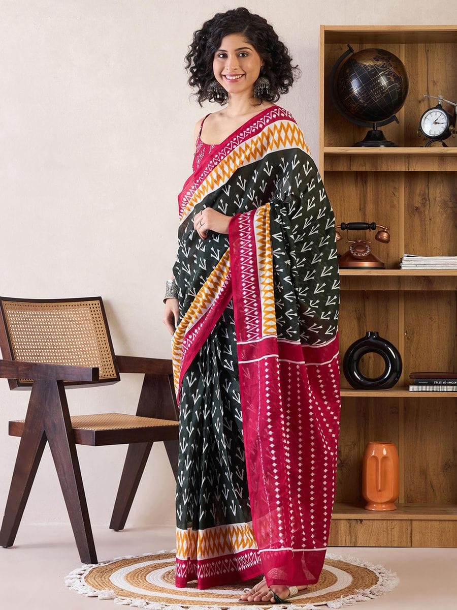 Black Colour Mul Cotton Ready To Wear Saree With Pocket