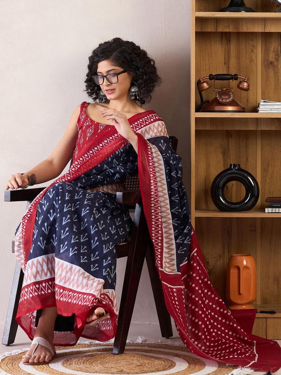 Blue Colour Mul Cotton Ready To Wear Saree With Pocket