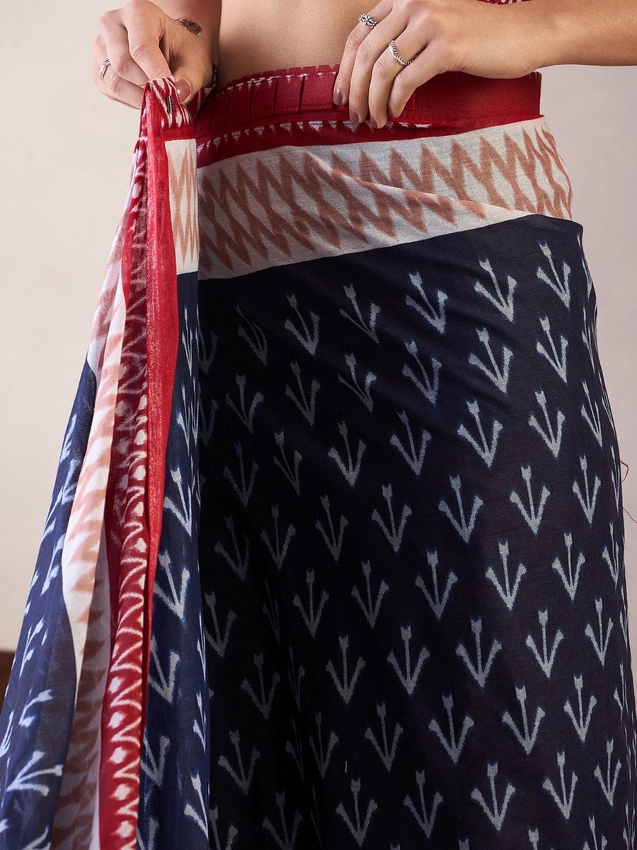 Black Colour Mul Cotton Ready To Wear Saree With Pocket