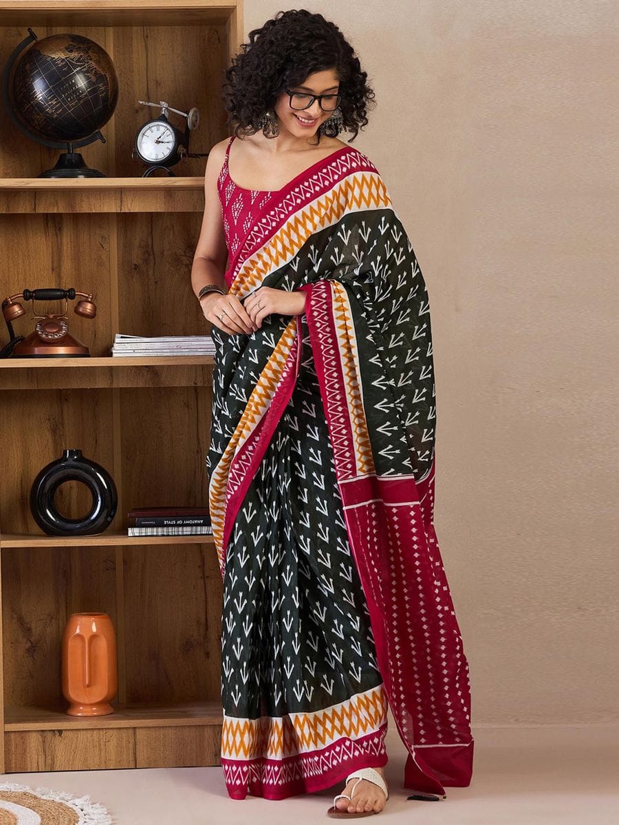 Black Colour Mul Cotton Ready To Wear Saree With Pocket
