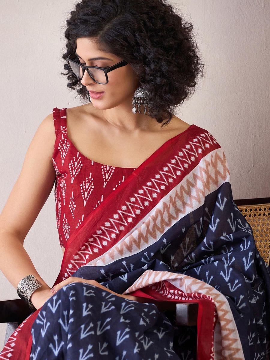 Blue Colour Mul Cotton Ready To Wear Saree With Pocket