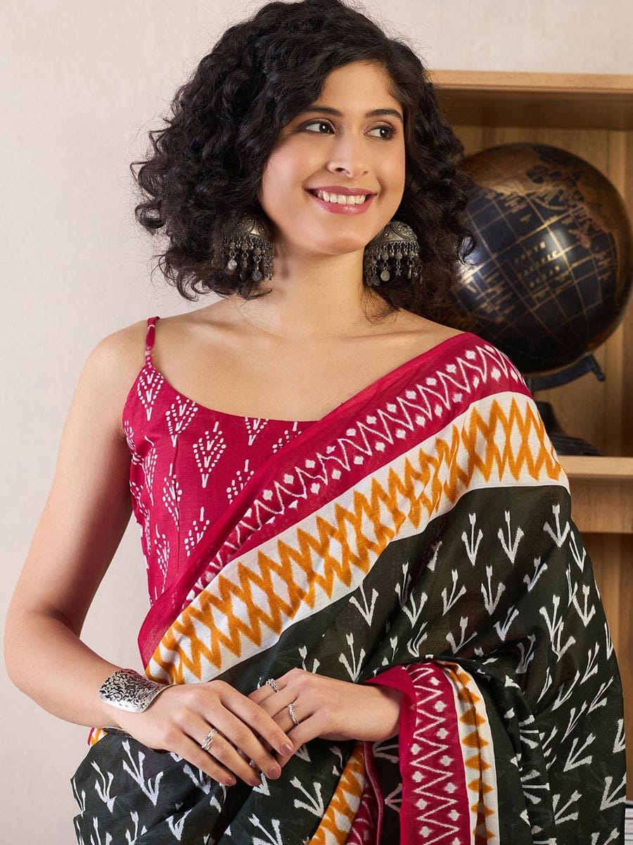 Black Colour Mul Cotton Ready To Wear Saree With Pocket