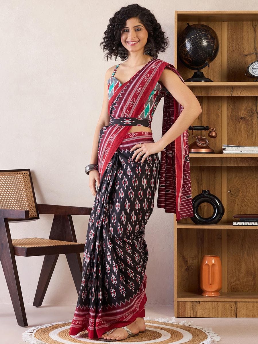Black Colour Mul Cotton Ready To Wear Saree With Pocket