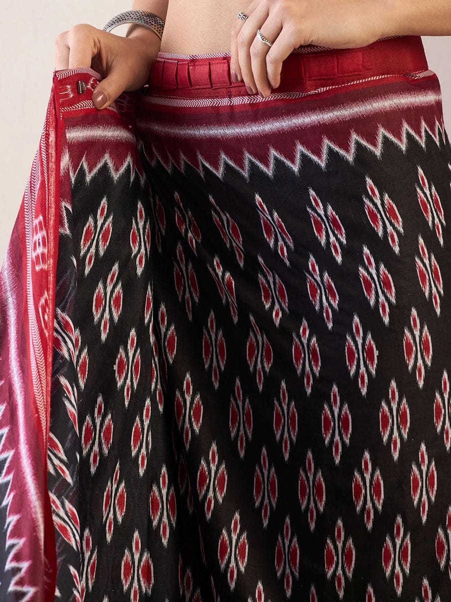 Black Colour Mul Cotton Ready To Wear Saree With Pocket