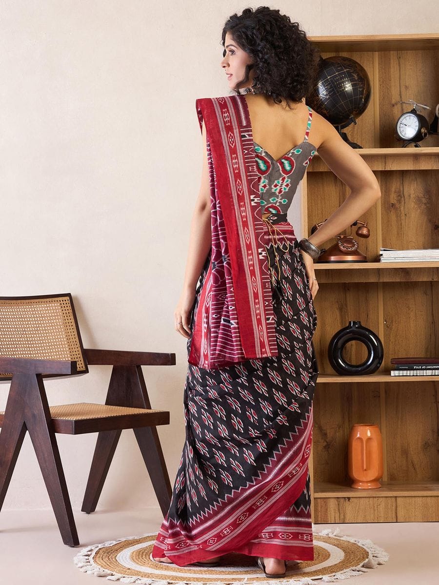 Black Colour Mul Cotton Ready To Wear Saree With Pocket