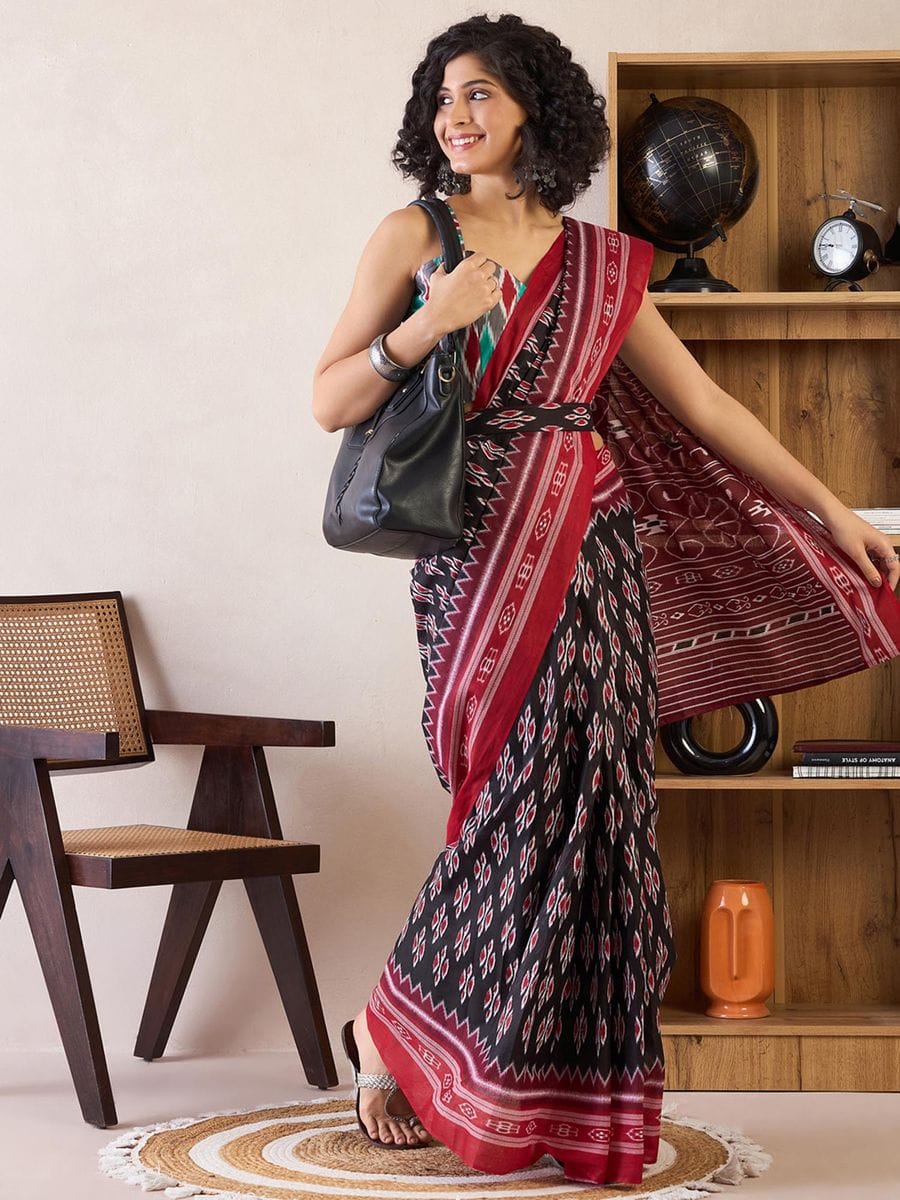 Black Colour Mul Cotton Ready To Wear Saree With Pocket