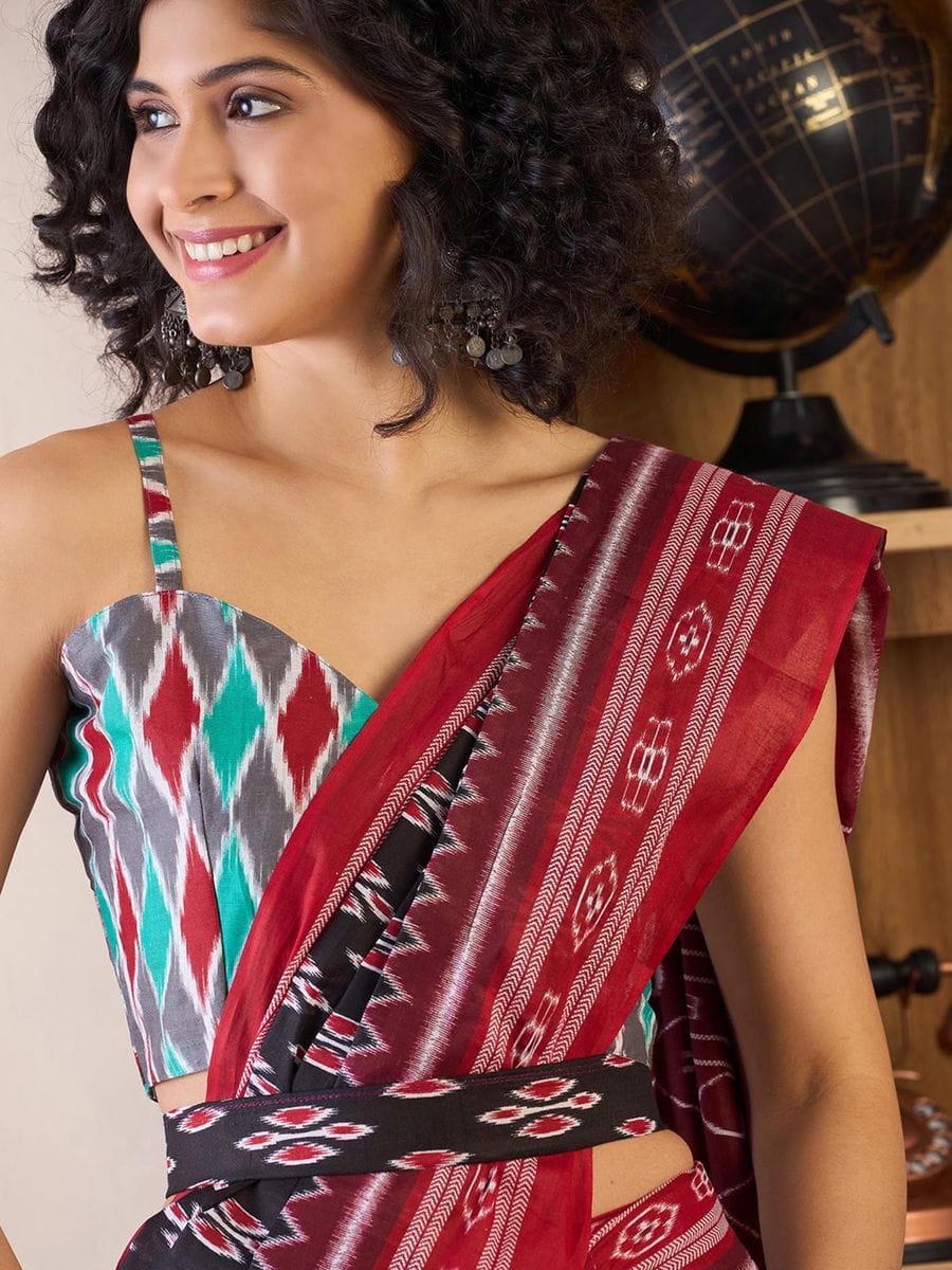 Black Colour Mul Cotton Ready To Wear Saree With Pocket